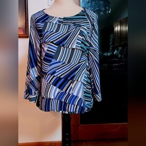 Dana Buchman Blue Black White Long Sleeve Blouse Medium